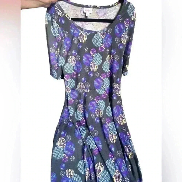 Lularoe large slate gray ANa maxi dress with blue & purple graphic dot pattern - Picture 1 of 9